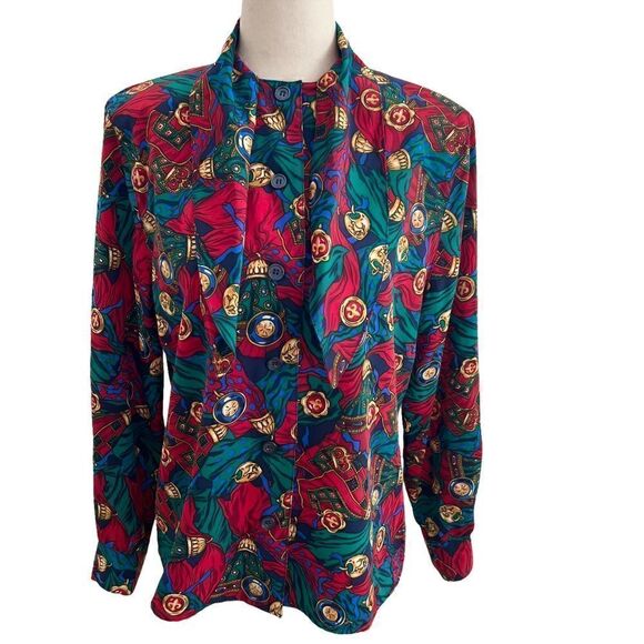 Vintage 90’s Tassel + Medallions Tie Neck Long Sleeve Button Front Blouse 6P - Picture 3 of 8